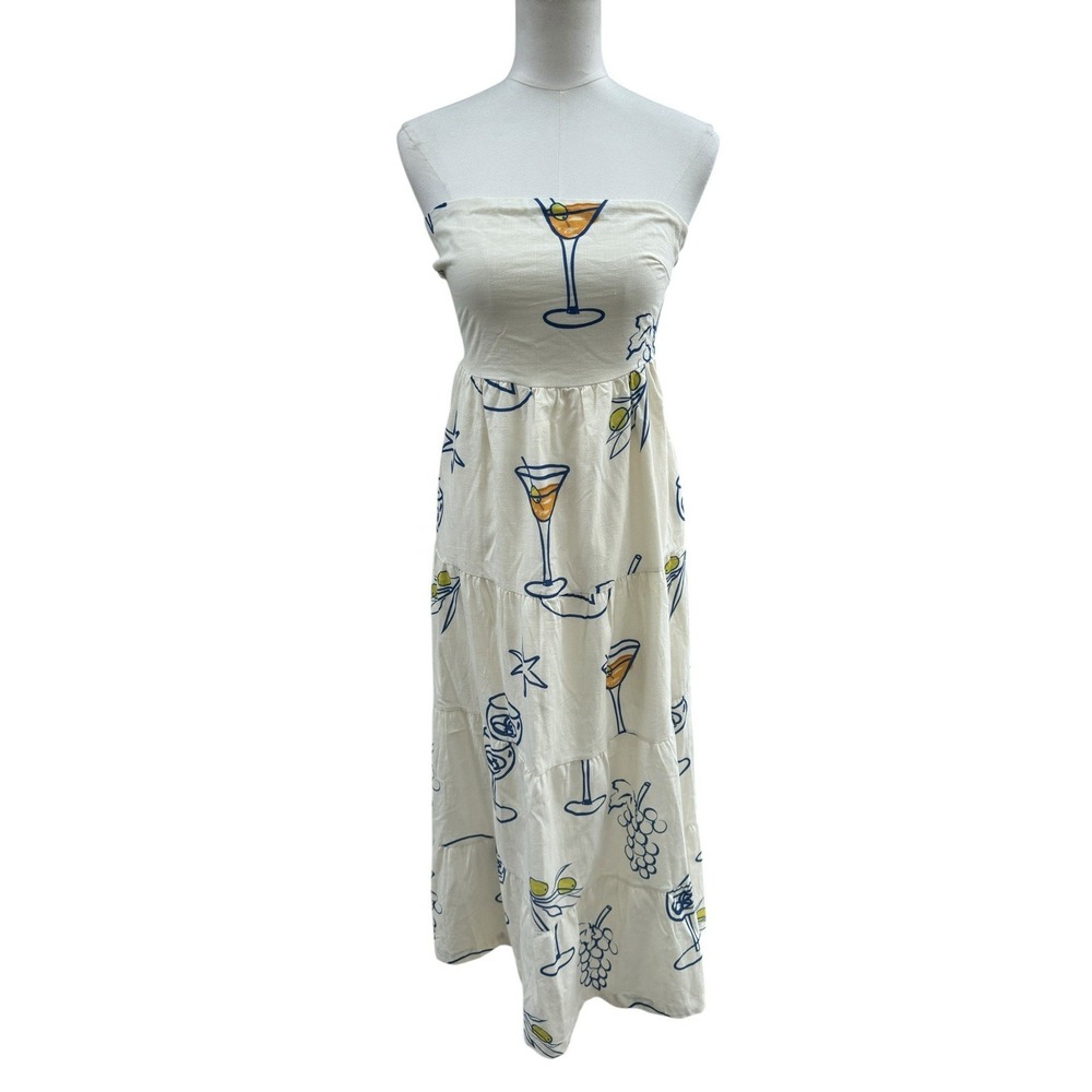 Unbranded Martini Print Strapless Maxi Dress Small Coastal Vacation Olive Cream